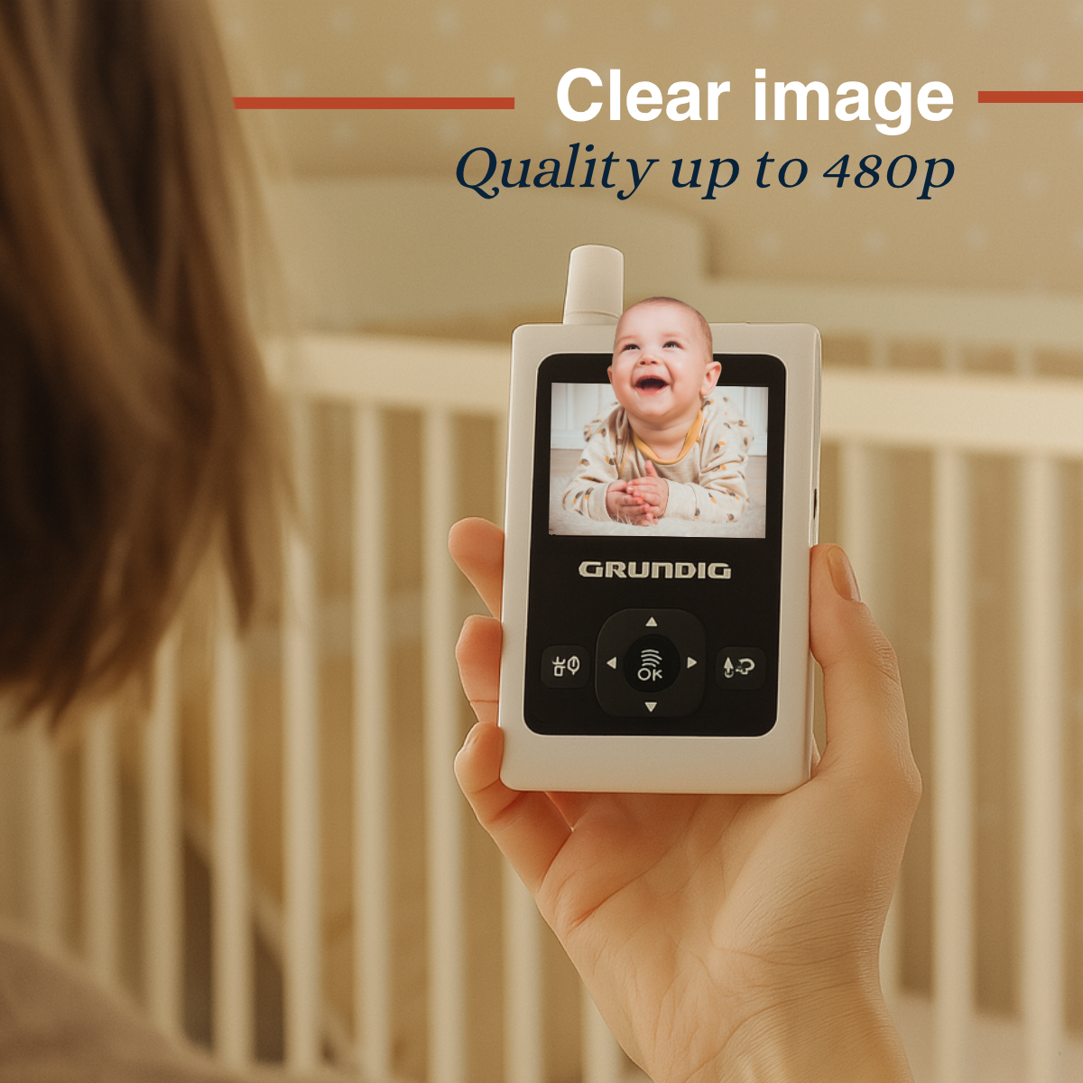 A person holds a baby monitor displaying a laughing baby. The background shows a crib. Text says 'Clear image, Quality up to 480p'.