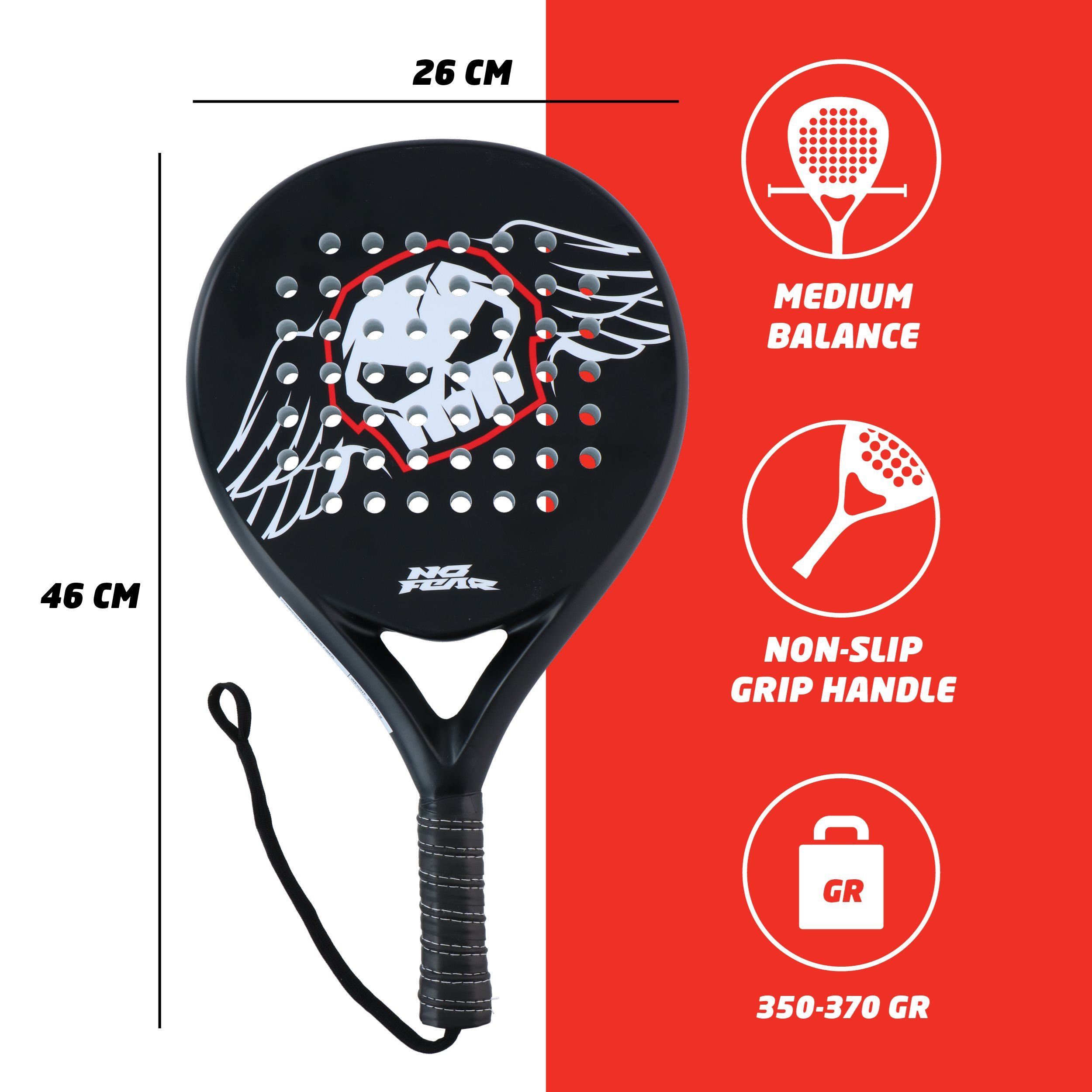 Black and white padel racket with skull design, 26 cm wide, 46 cm long, with non-slip grip, and medium balance.