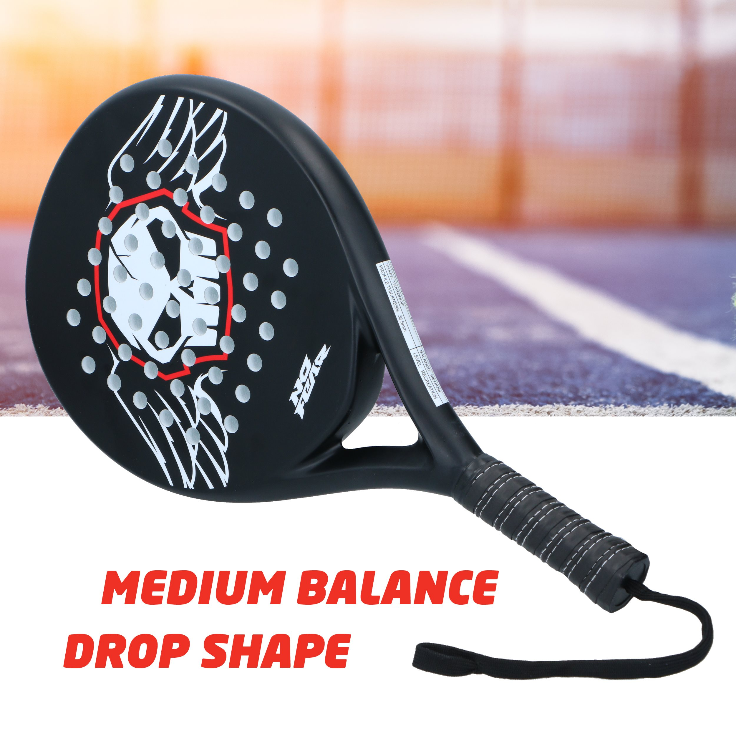 Black and white padel racket with a skull design, text 'MEDIUM BALANCE DROP SHAPE'.