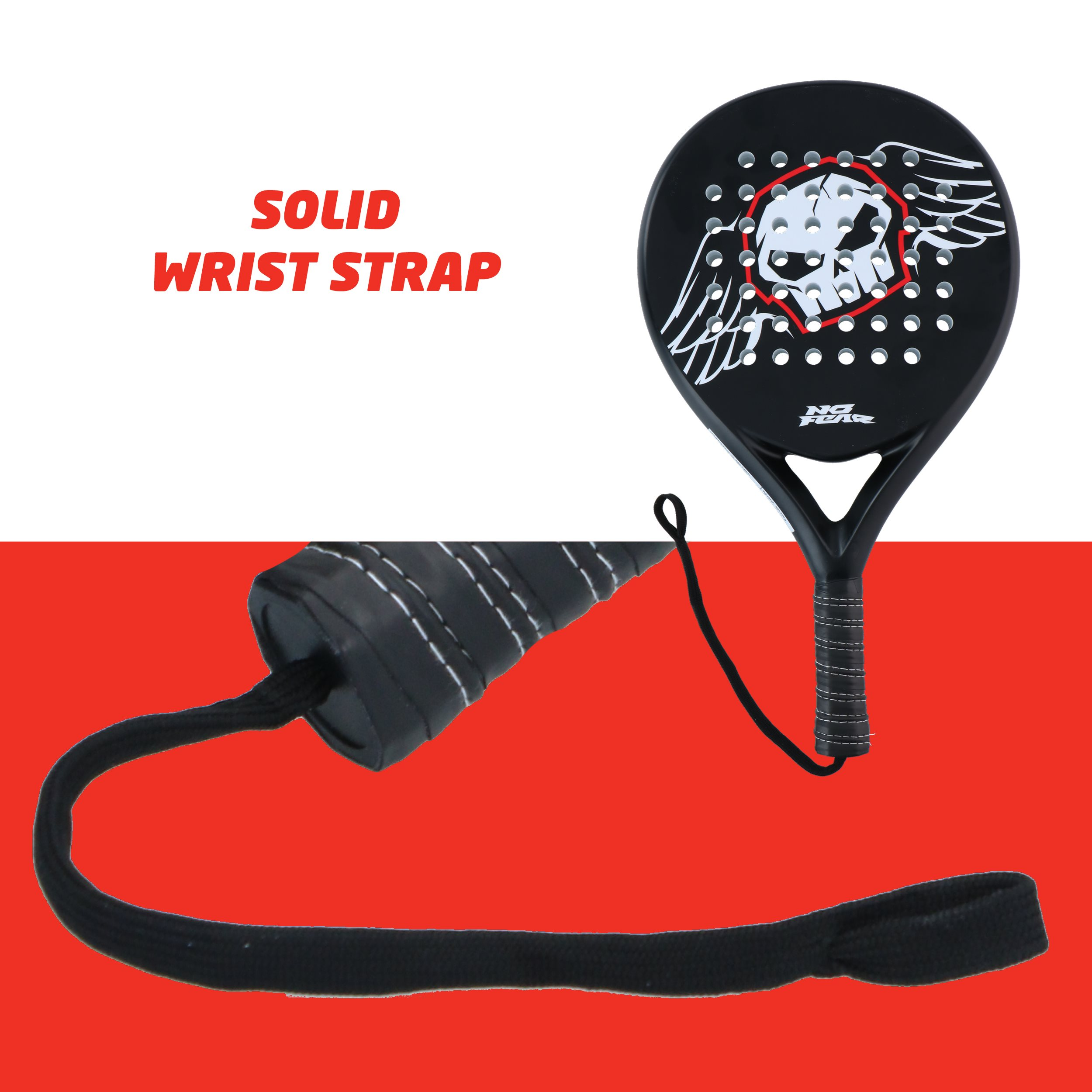 A black padel racket with a skull design, a wrist strap, and a red and white background.