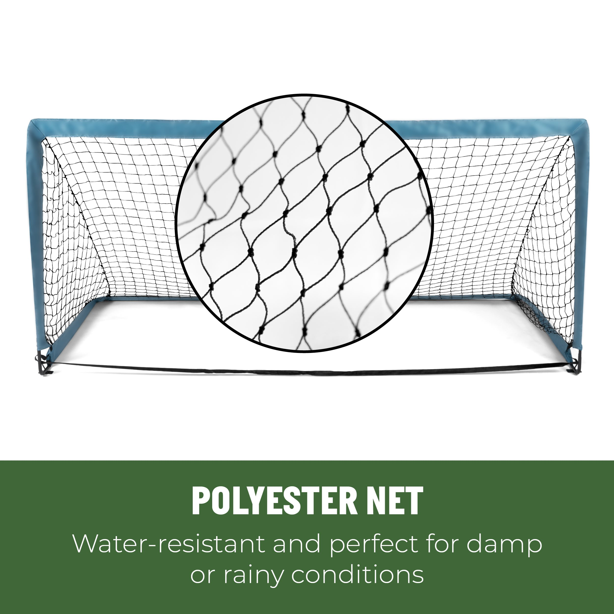 Een blauw en zwart voetbaldoelnet. Een cirkelvormige close-up toont netdetails. Tekst: 'POLYESTER NET'.