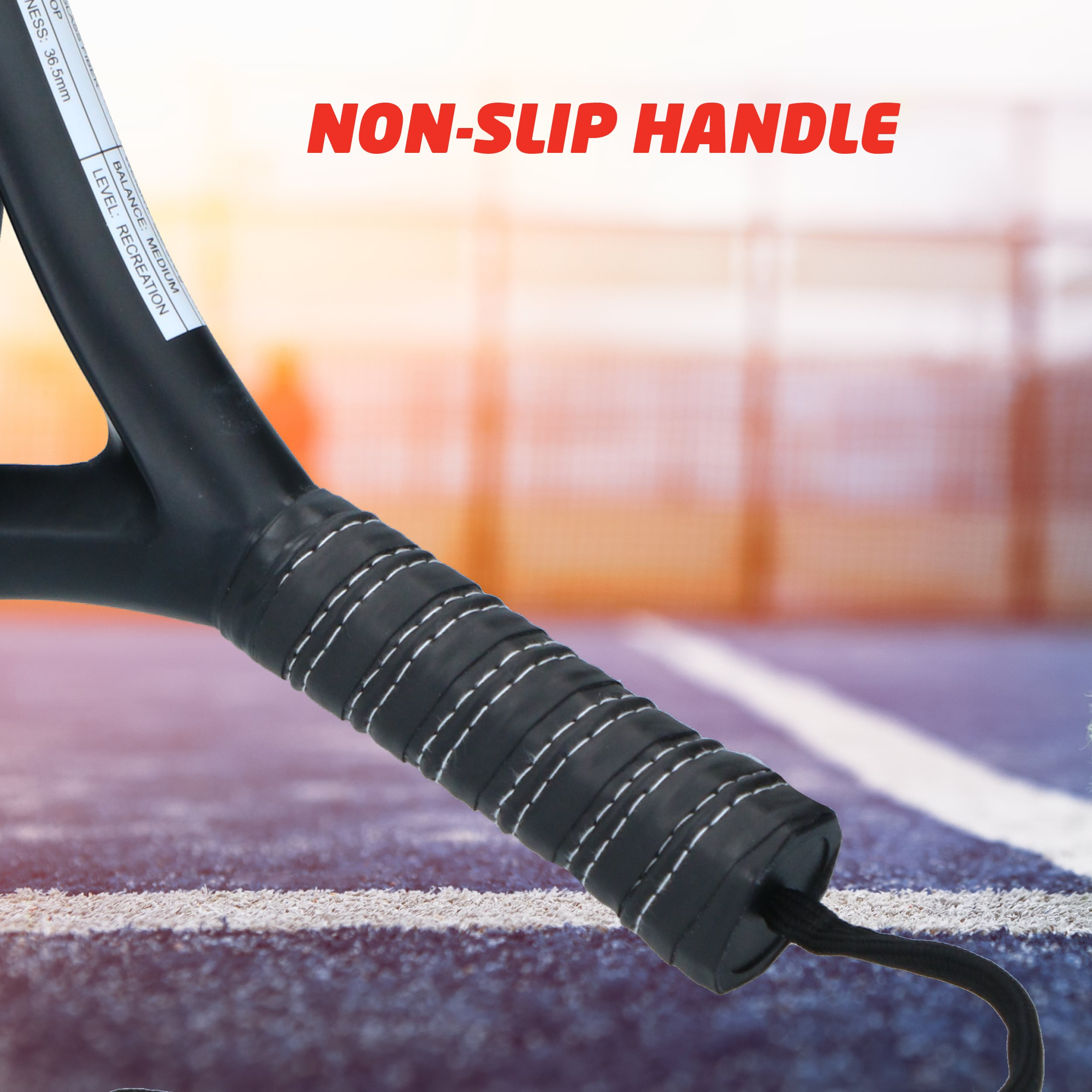 Close-up of a black padel racket handle with white stitching. The text "NON-SLIP HANDLE" is visible on the top.