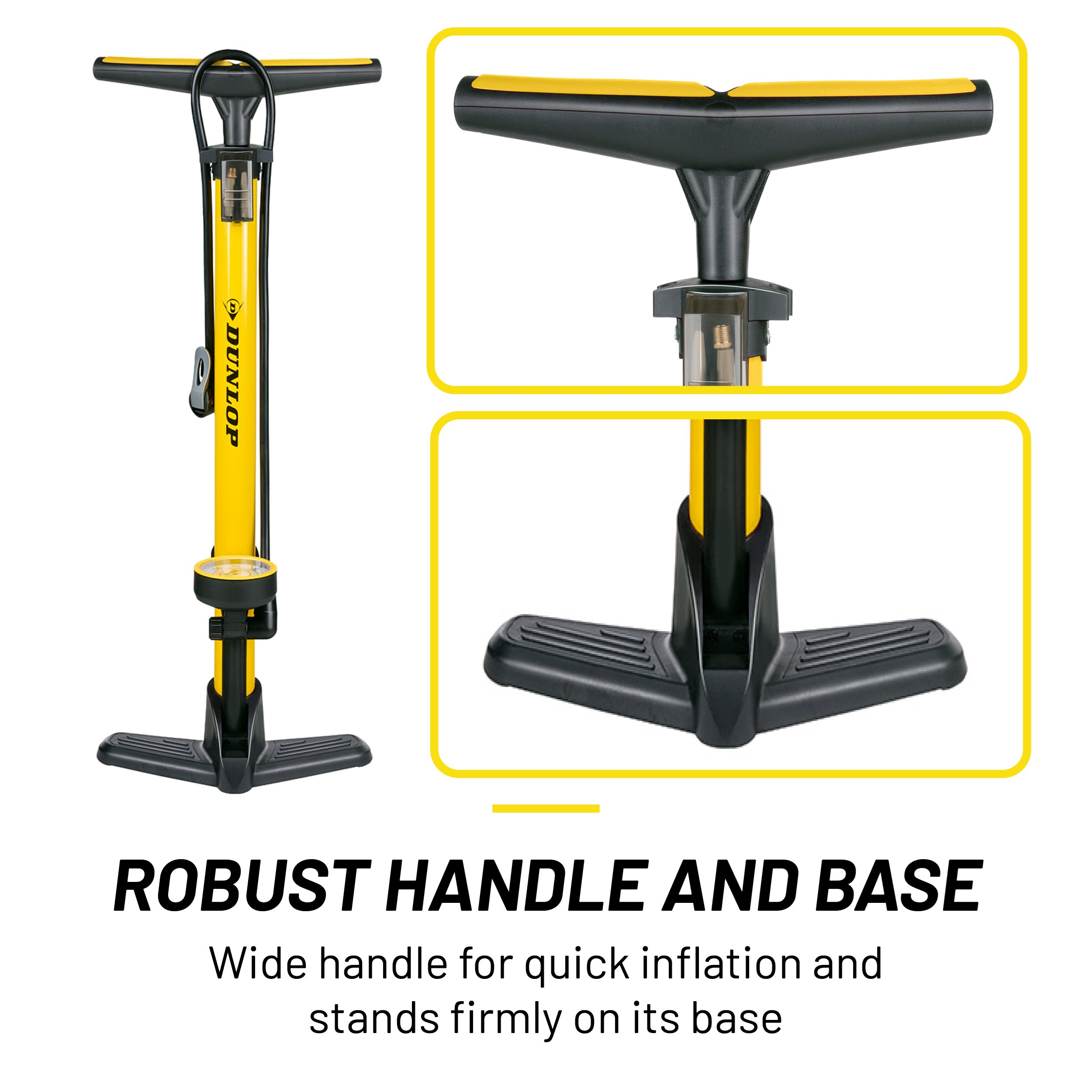 Yellow and black Dunlop bicycle pump. It has a robust base and handle.