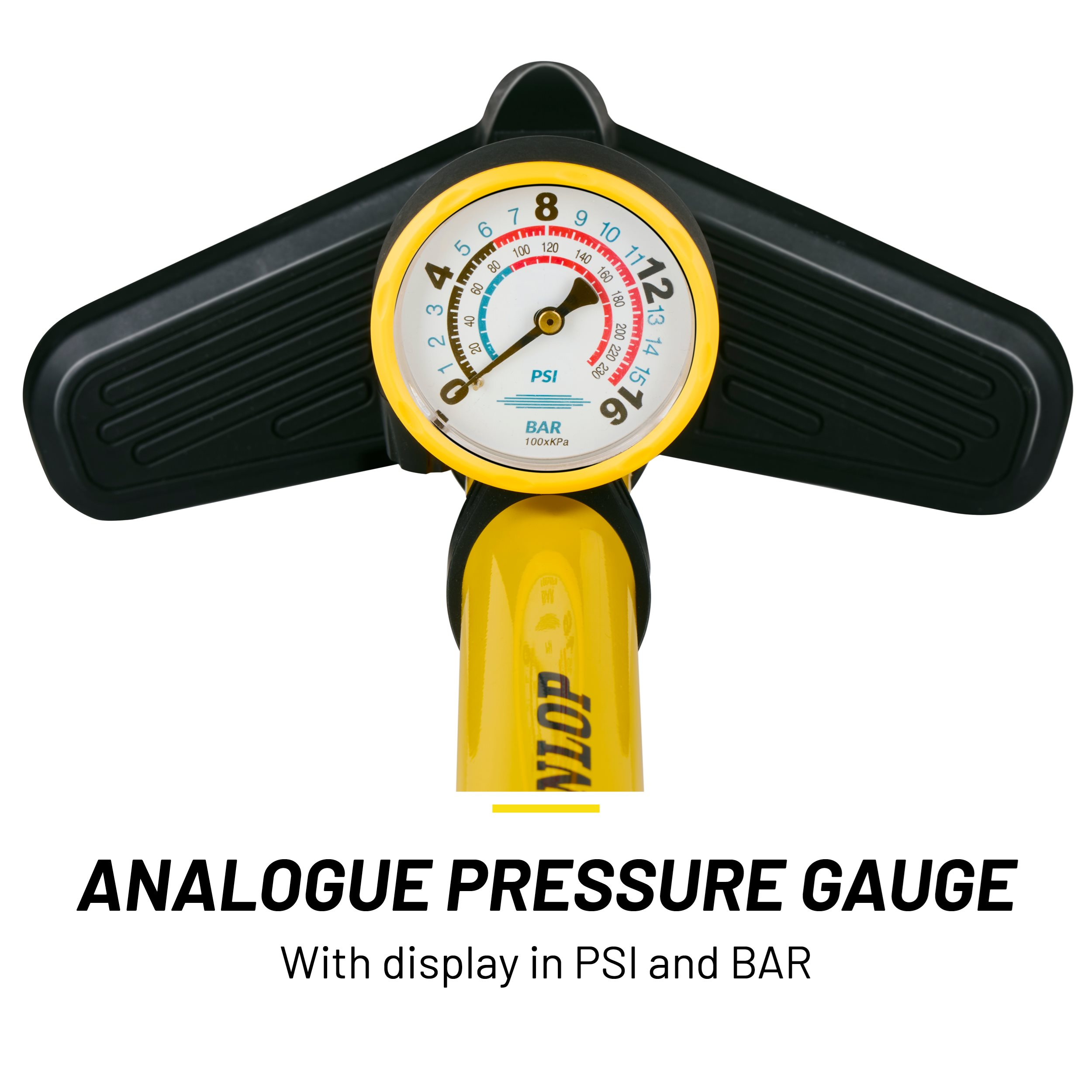 An analogue pressure gauge with PSI and BAR displays. The gauge has a yellow face and black handles.