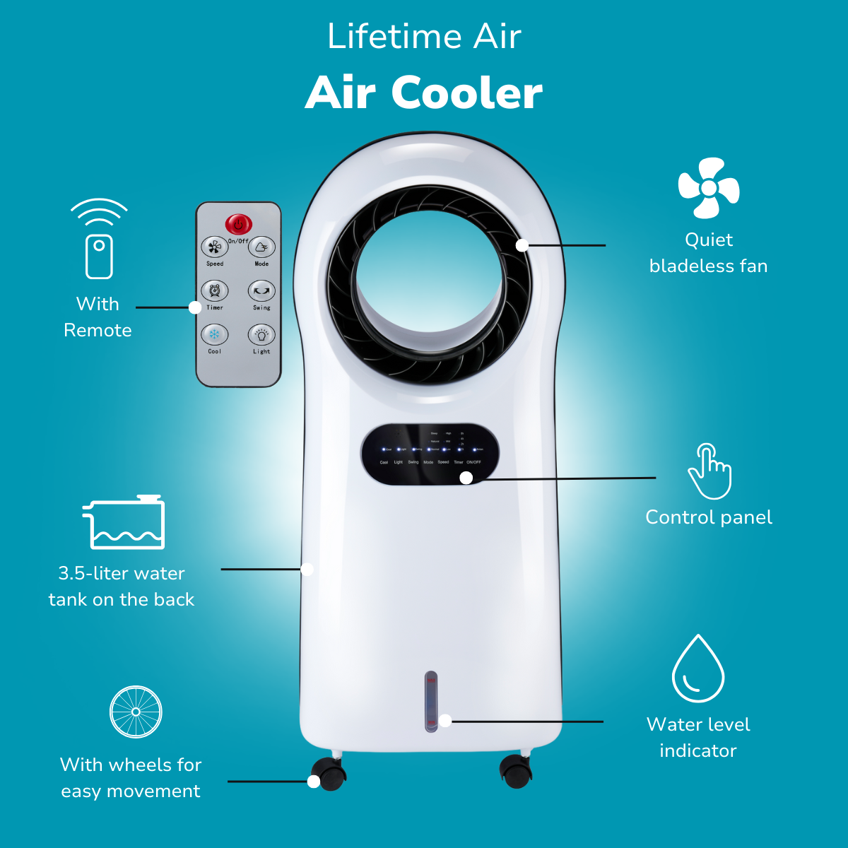 Refroidisseur d'air blanc avec télécommande, panneau de commande et indicateur de niveau d'eau. Ventilateur sans pales et roues.