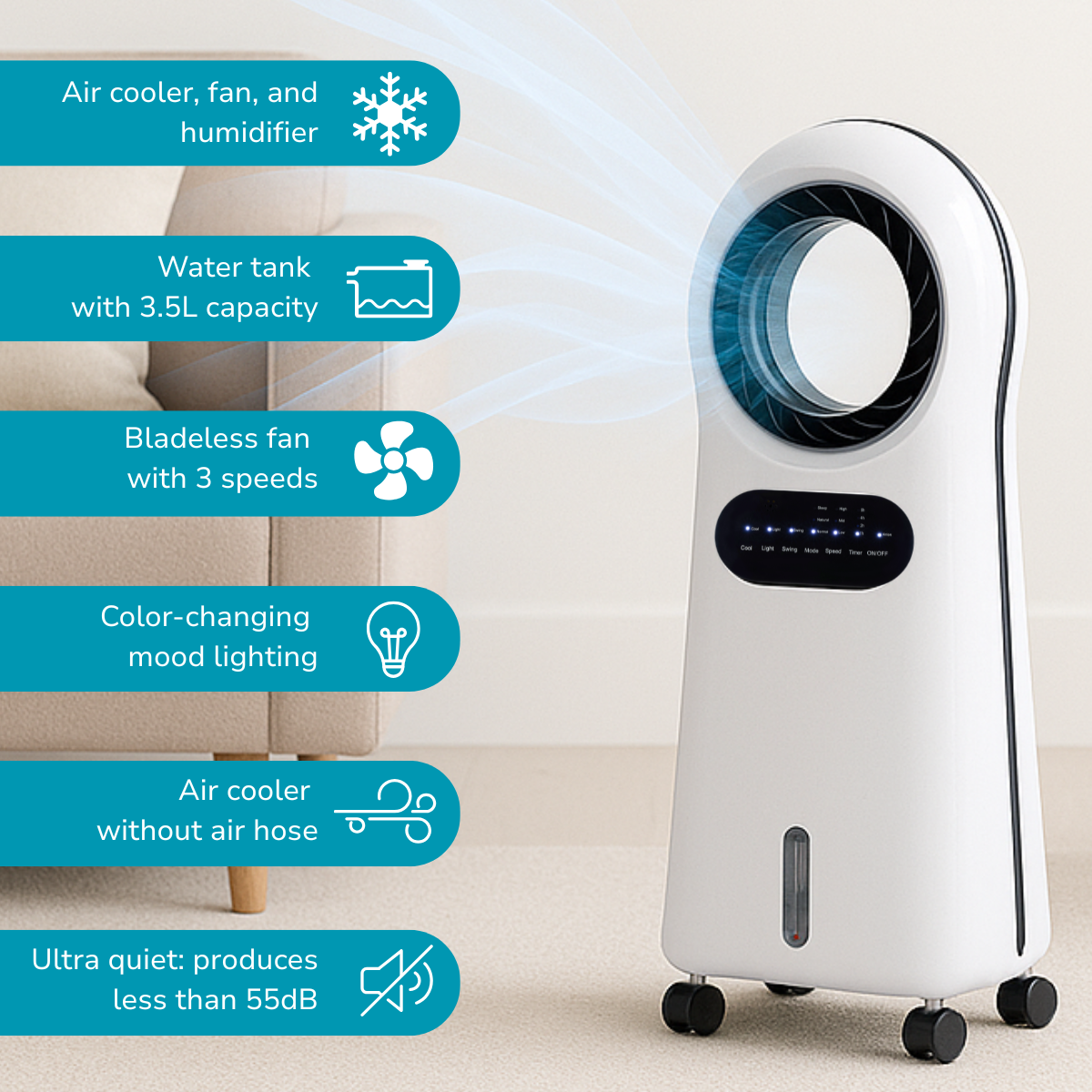 Un refroidisseur d'air blanc avec un design de ventilateur circulaire. Comprend un humidificateur, un ventilateur sans pales, un éclairage d'ambiance et un fonctionnement silencieux.