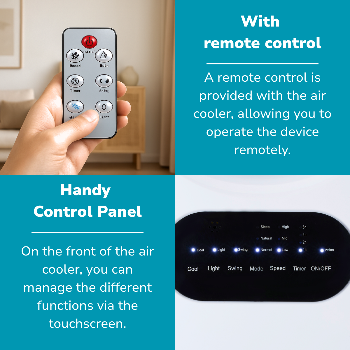 L'image montre une télécommande et un panneau de contrôle pour un refroidisseur d'air. La télécommande est tenue par une main. Le panneau a des boutons.