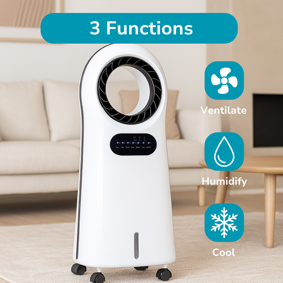 Refroidisseur d'air blanc avec 3 fonctions : ventiler, humidifier et refroidir. Il a un panneau de contrôle et est sur roulettes. Fond : canapé, table.