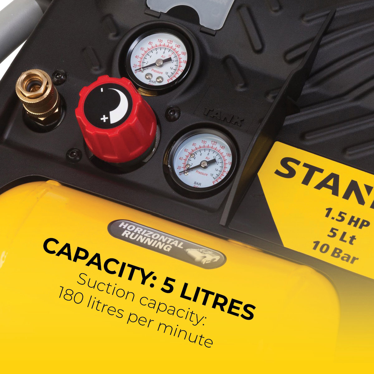 Żółty i czarny kompresor powietrza ze wskaźnikami, czerwonym pokrętłem i tekstem: Pojemność: 5 litrów. Wydajność ssania: 180 litrów na minutę.