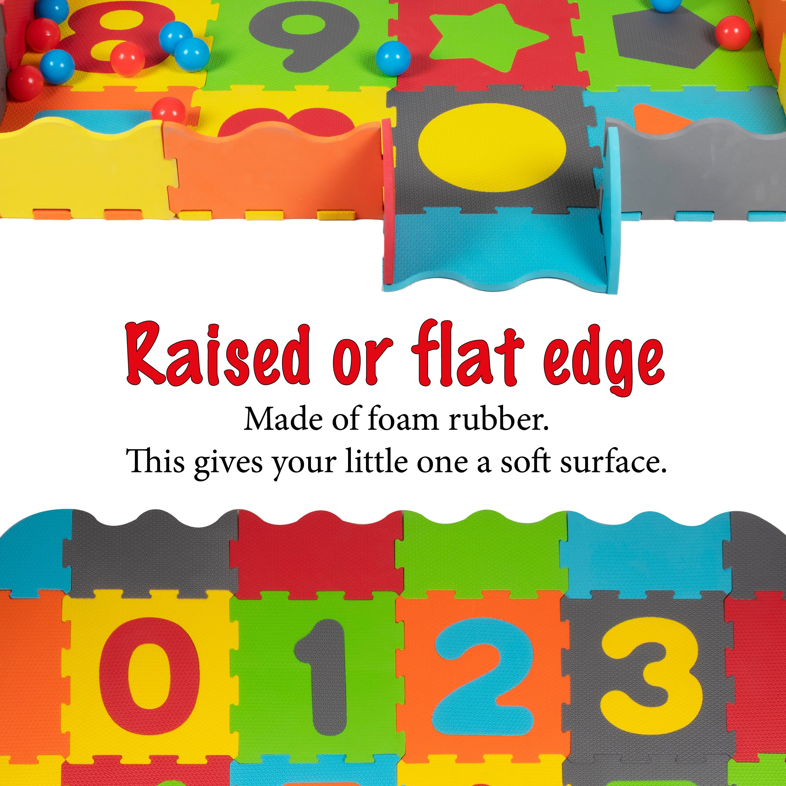Colorful foam play mat with numbers and shapes. Red, blue, green, orange, and yellow colors. Some balls are visible.