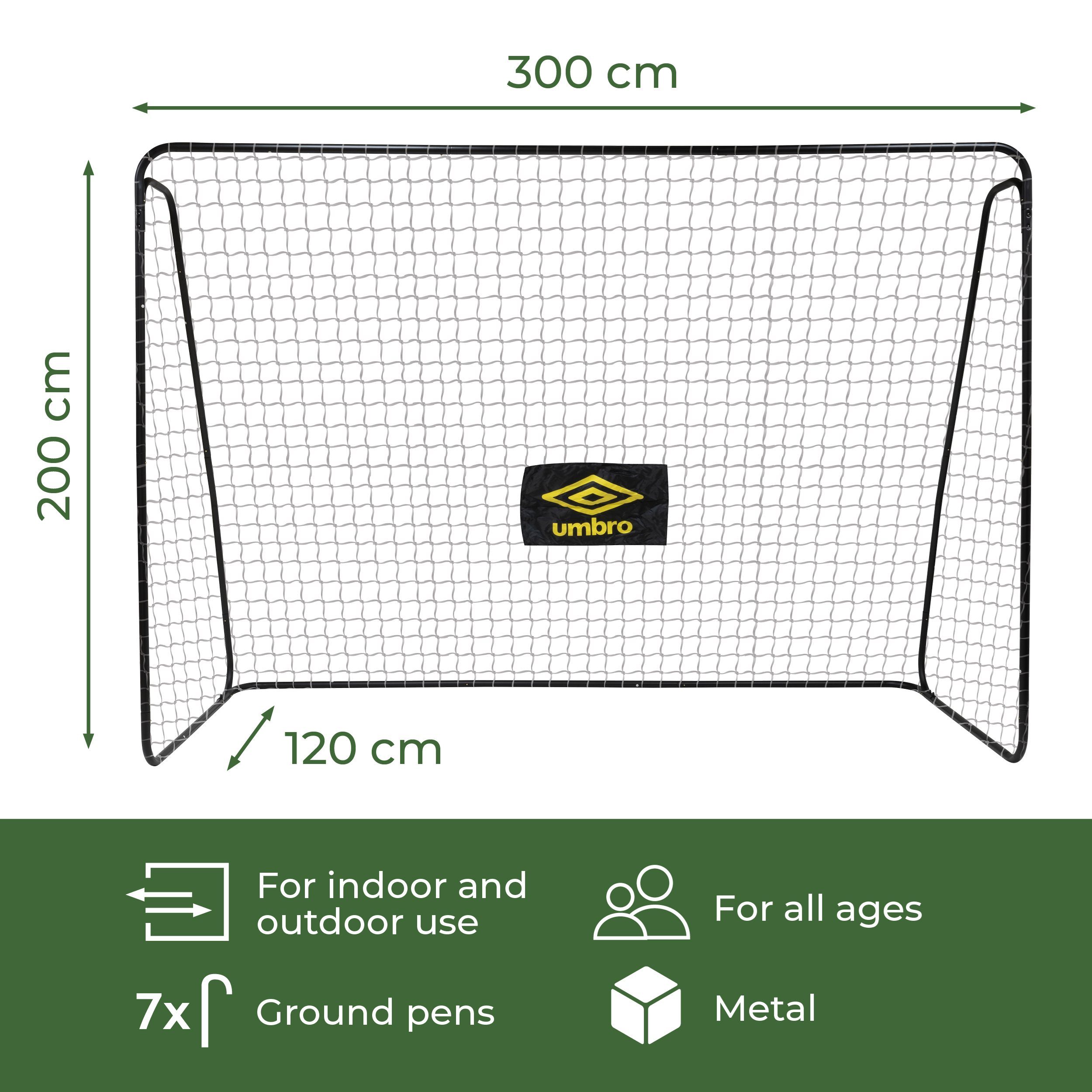 Fußballtor mit Netz, schwarzem Rahmen und Umbro-Logo. Enthält Abmessungen und Symbole für Funktionen wie Innen-/Außenbereich.