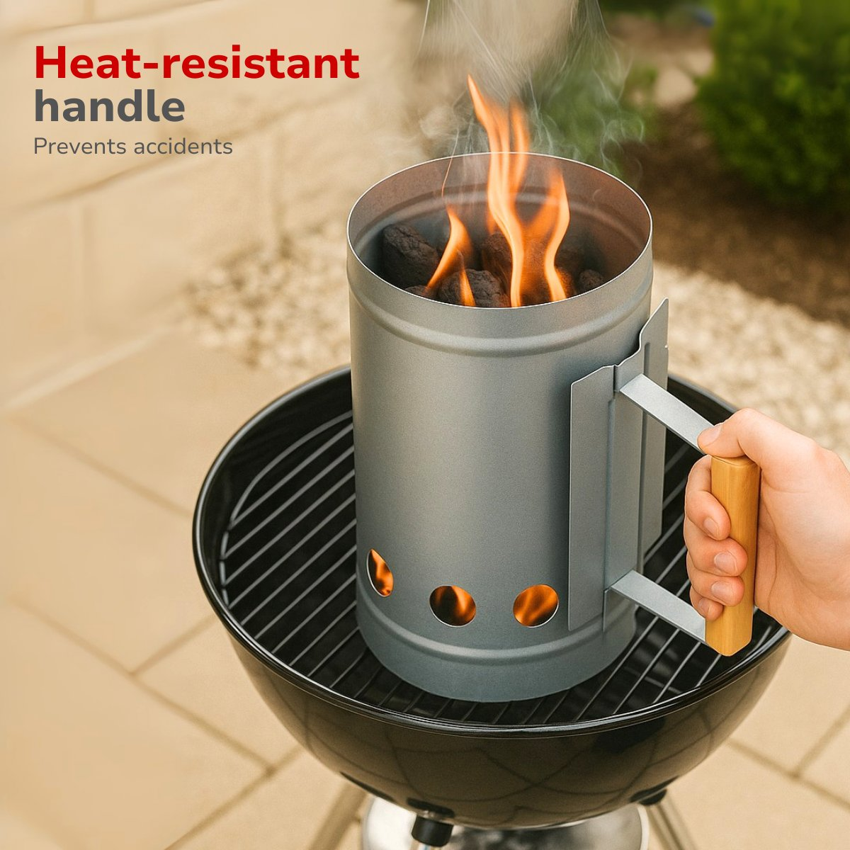 A charcoal chimney with flames, held by a hand with a wooden handle, sits on a grill. Smoke rises from the chimney.