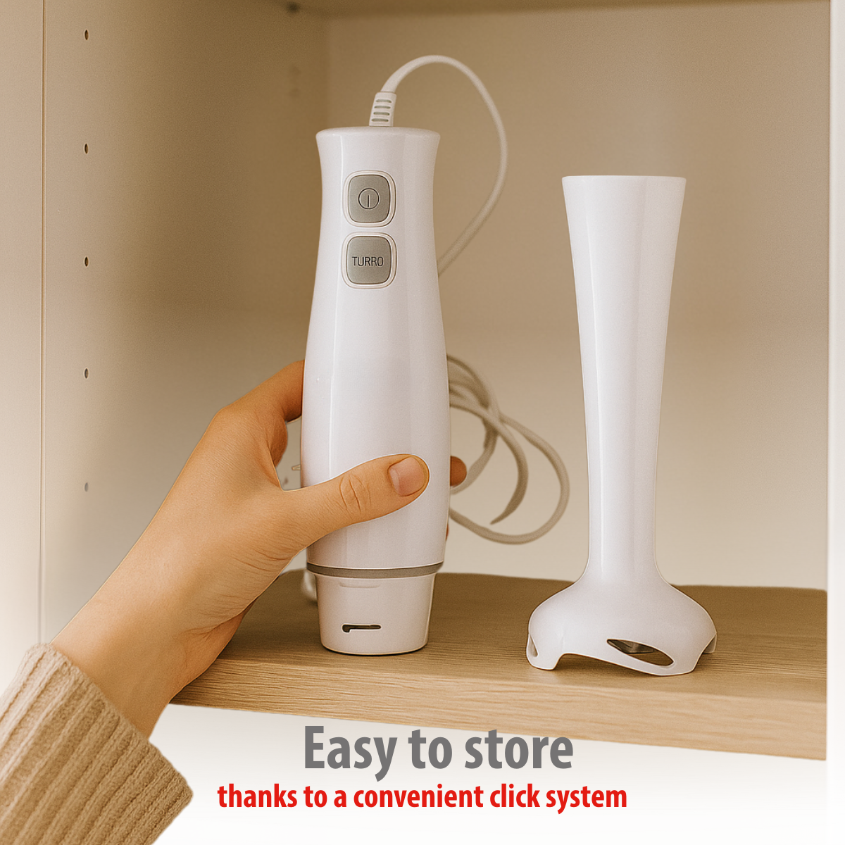 Een hand houdt een witte staafmixer vast. Daarnaast rust het mengopzetstuk op een houten plank. De scène speelt zich af in een kast.