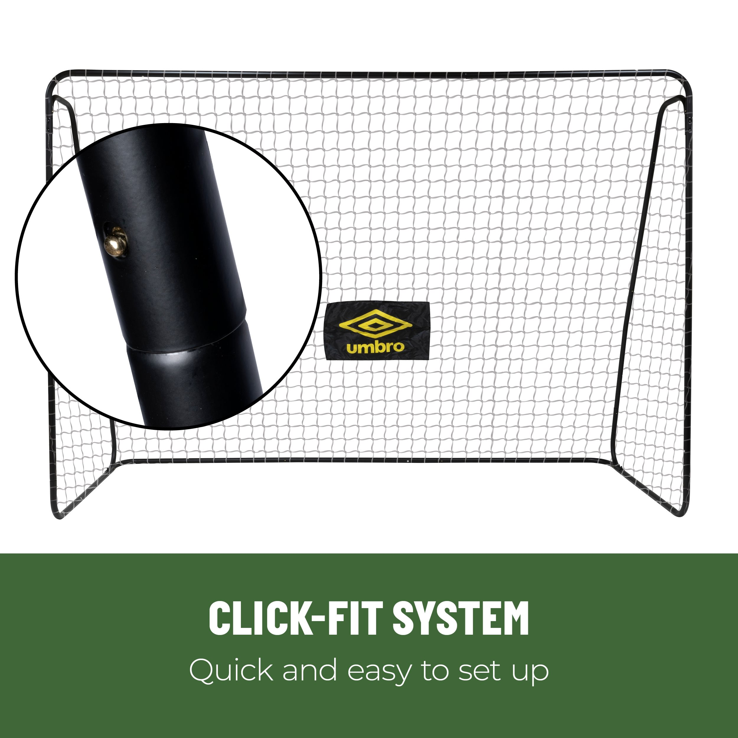 Fußballtor mit Netz. Enthält eine Nahaufnahme des schwarzen Rahmens und ein Logo. Text sagt 'Click-Fit System'.
