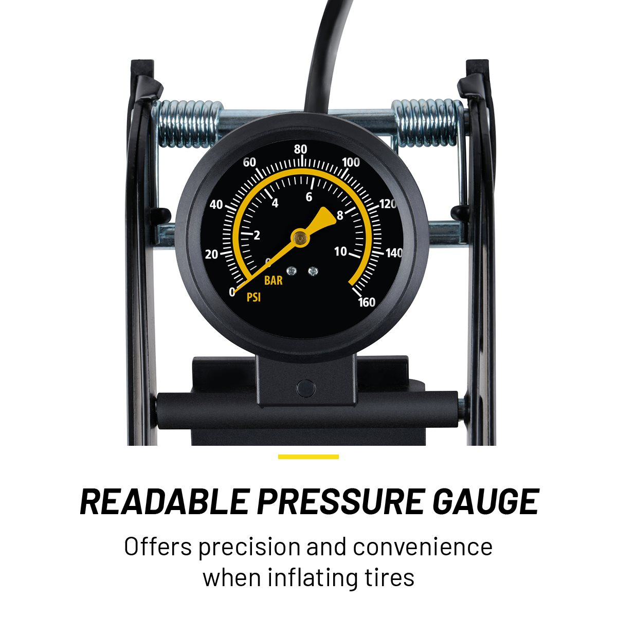 A black pressure gauge with a yellow needle. Numbers indicate pressure. The gauge is part of a black and silver foot pump.