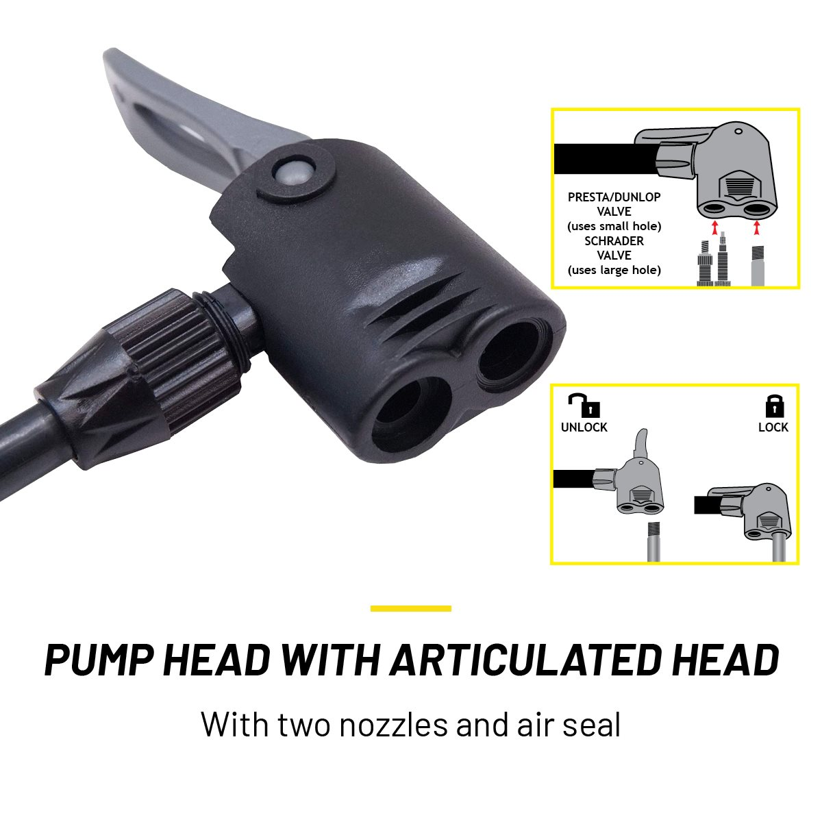 Black pump head with gray lever, two nozzles, and diagrams for valve types and locking/unlocking. Text: Pump head with articulated head.