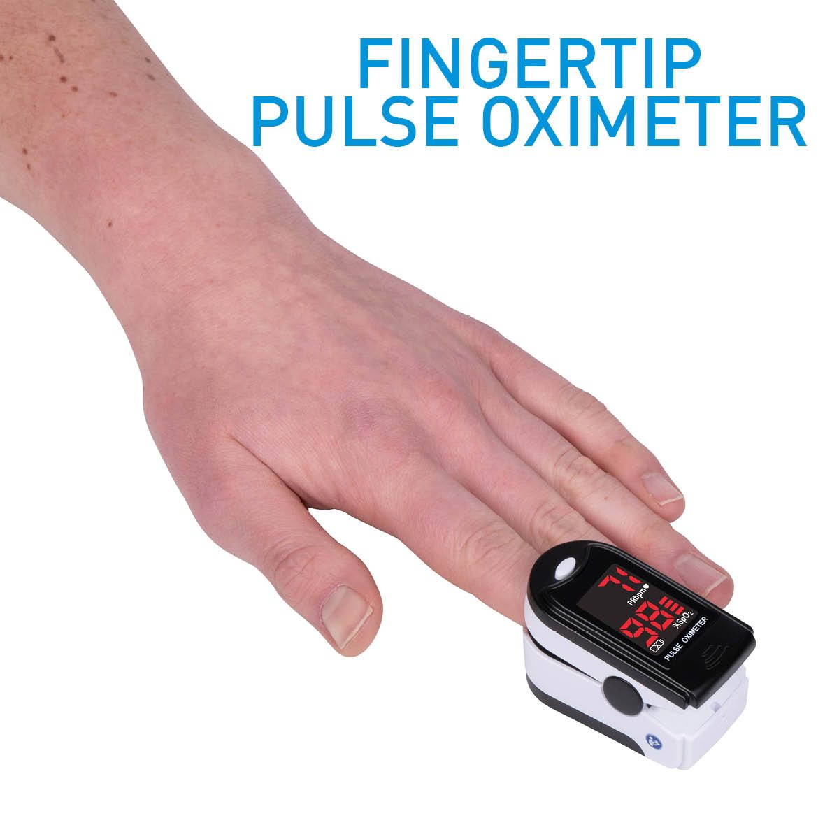 A hand with a fingertip pulse oximeter on the finger. The device shows readings. The background is white.