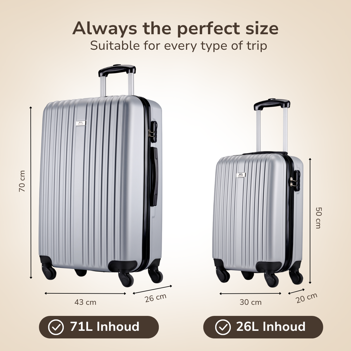 Two silver suitcases of different sizes. The larger one is 70 cm tall and the smaller is 50 cm. The larger has 71L capacity.