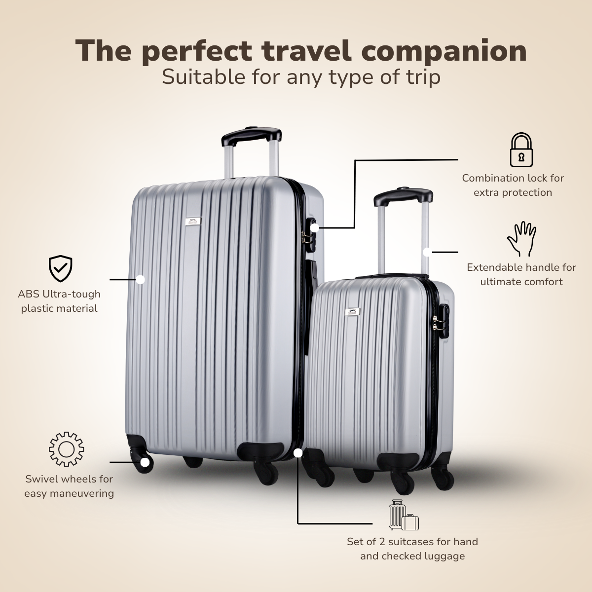 Two silver suitcases with black handles and wheels. Features include ABS material, combination lock, and extendable handle.