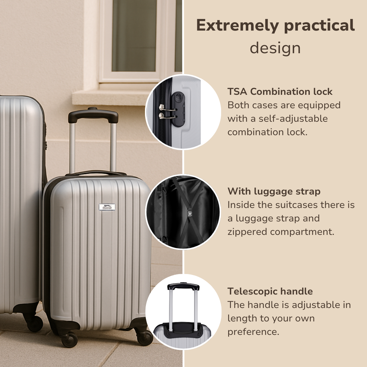 Two silver suitcases, one with a handle extended. Text highlights features like lock, luggage strap, and adjustable handle.