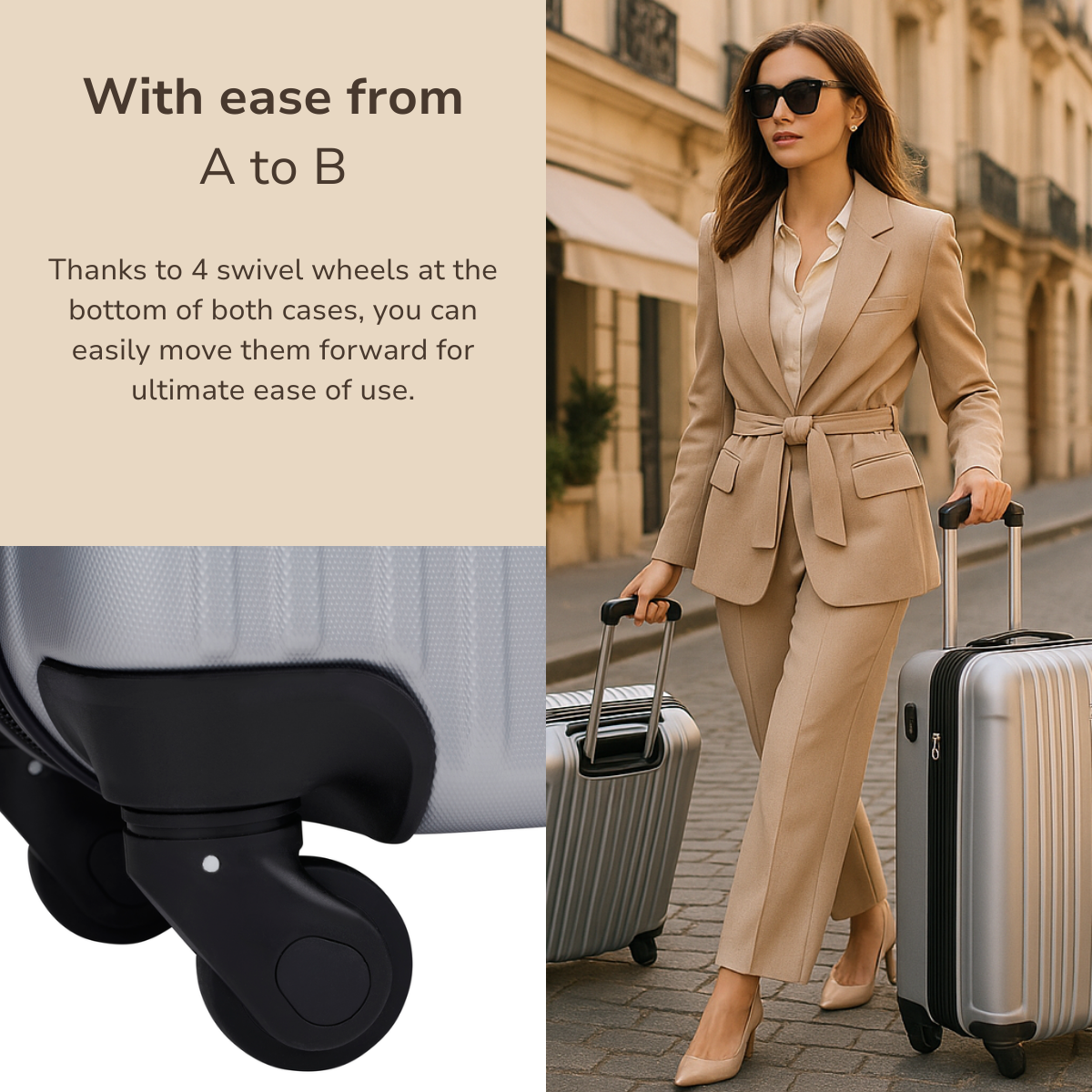 A woman in a beige suit and sunglasses walks, pulling two silver suitcases. The wheels are black. Background: a European street.