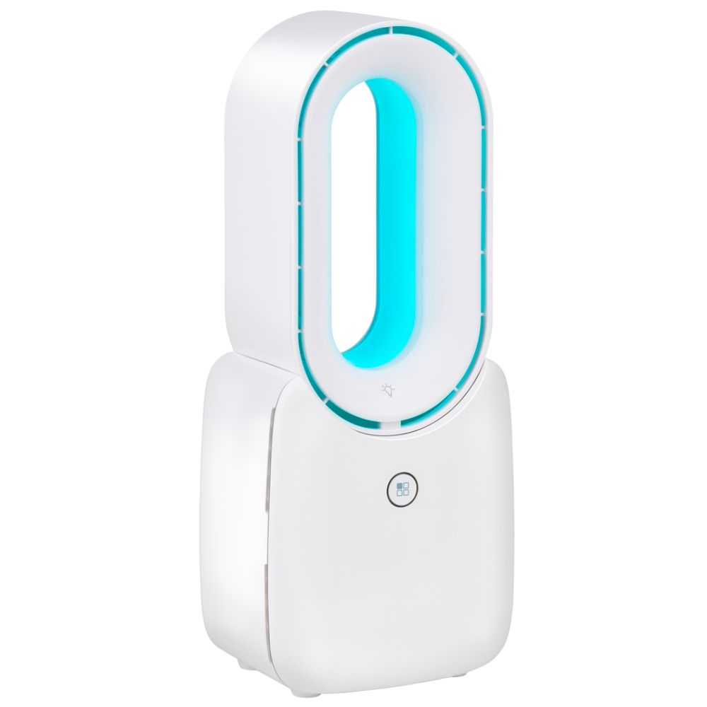 Un purificateur d'air blanc et bleu sarcelle. Il a un design ovale avec une lueur sarcelle. Il y a un panneau de contrôle à l'avant.