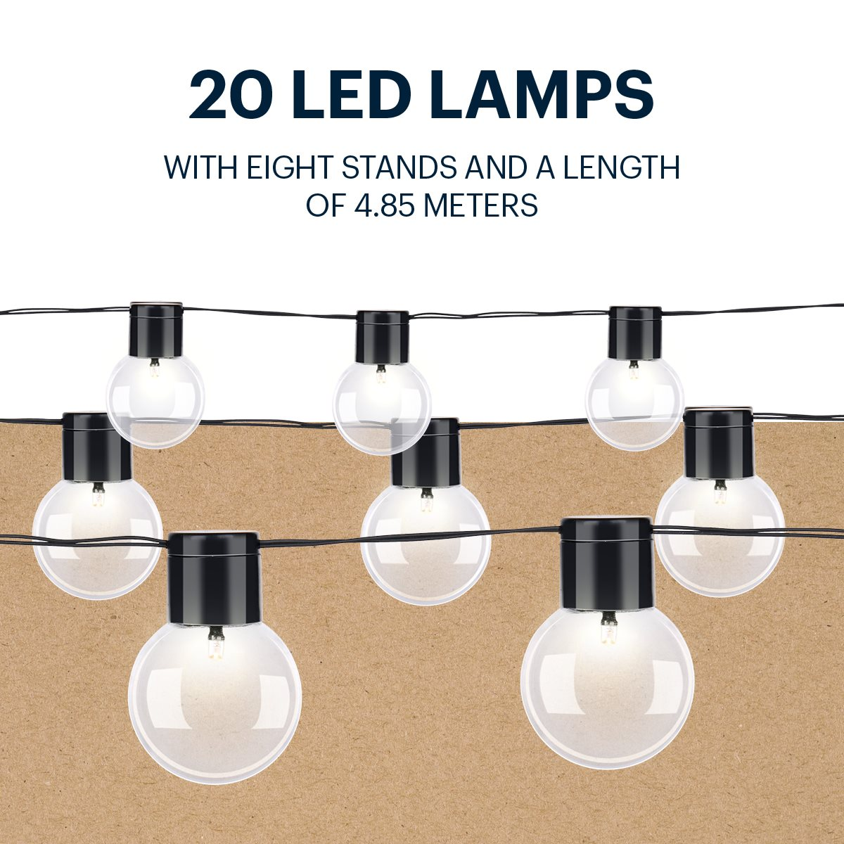 Afbeelding toont 20 LED-lampen met acht standaards en een lengte van 4,85 meter. De lampen zijn helder en hebben zwarte doppen.
