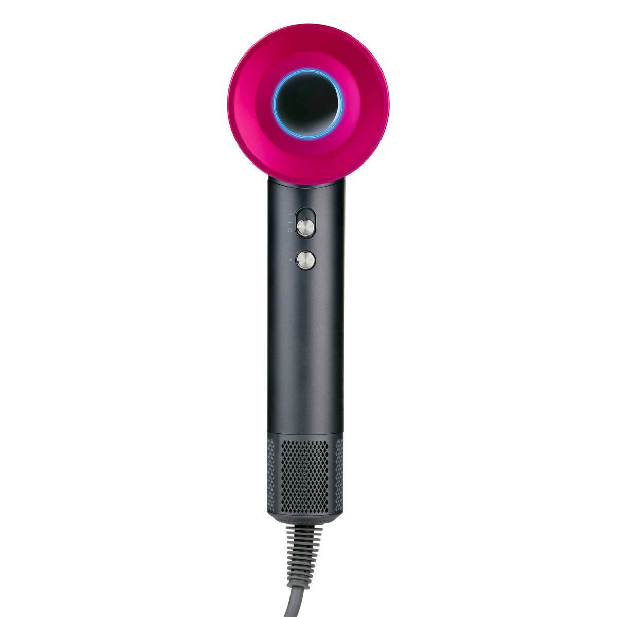 Een roze en zwarte föhn op een witte achtergrond. Het heeft een ronde kop met blauw licht en twee knoppen op de handgreep.