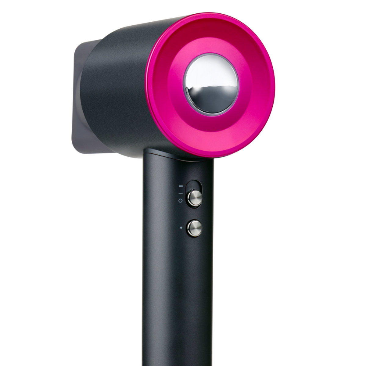 Een zwarte en roze Dyson föhn. Het heeft een ronde kop met een roze ring en zilveren accenten, en een zwarte handgreep.
