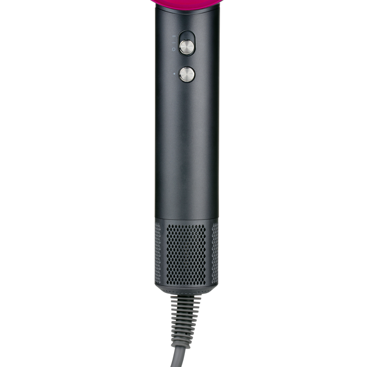 Een donkergrijze haardroger met twee zilveren knoppen, een roze bovenkant en een grijze kabel tegen een witte achtergrond.