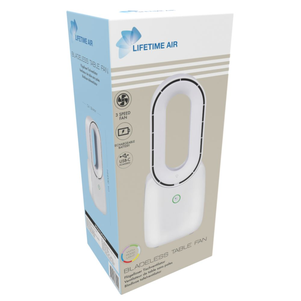 Un ventilateur de table sans pales blanc dans sa boîte, étiqueté 'LIFETIME AIR'. La boîte comprend des icônes '3 SPEED FAN' et 'RECHARGEABLE BATTERY'.