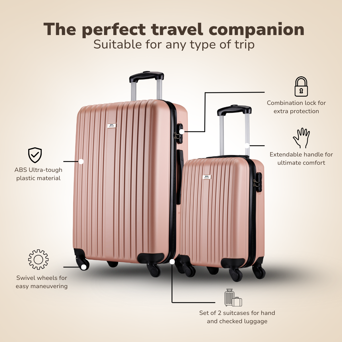 Two rose-gold suitcases, one large and one small, with black accents. Features include locks, handles, and wheels, for travel.