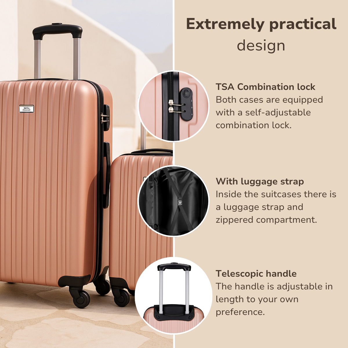 Two rose gold suitcases with black handles. Features include a combination lock, luggage strap, and telescopic handle.