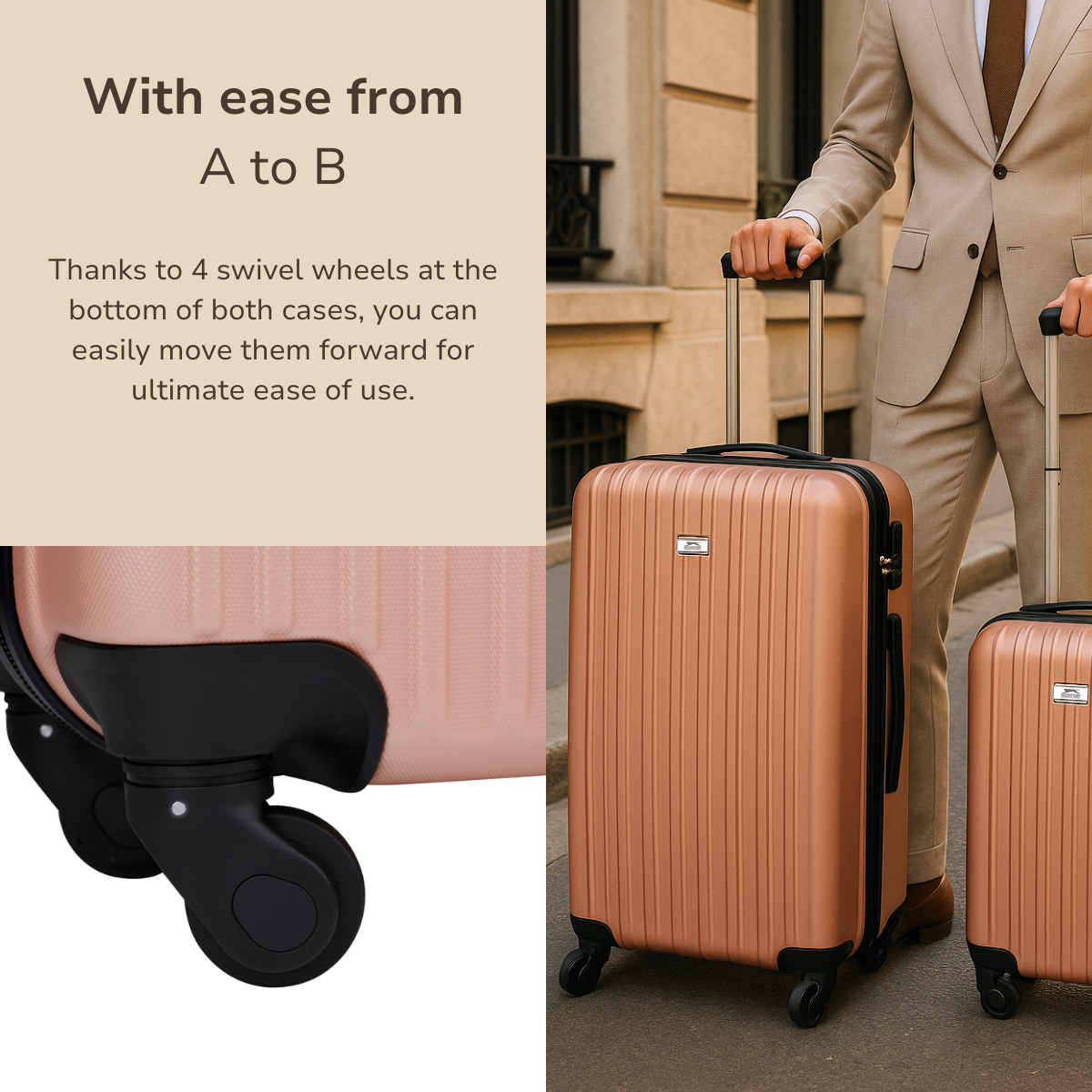A man in a suit holds two copper-colored suitcases with black wheels. The text mentions ease of use due to swivel wheels.