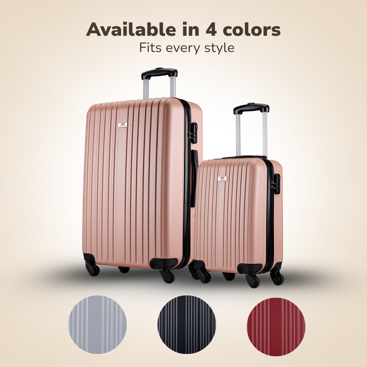 Two rose-gold suitcases with extended handles, available in 4 colors. Bottom: gray, navy, and burgundy circles show the color options.