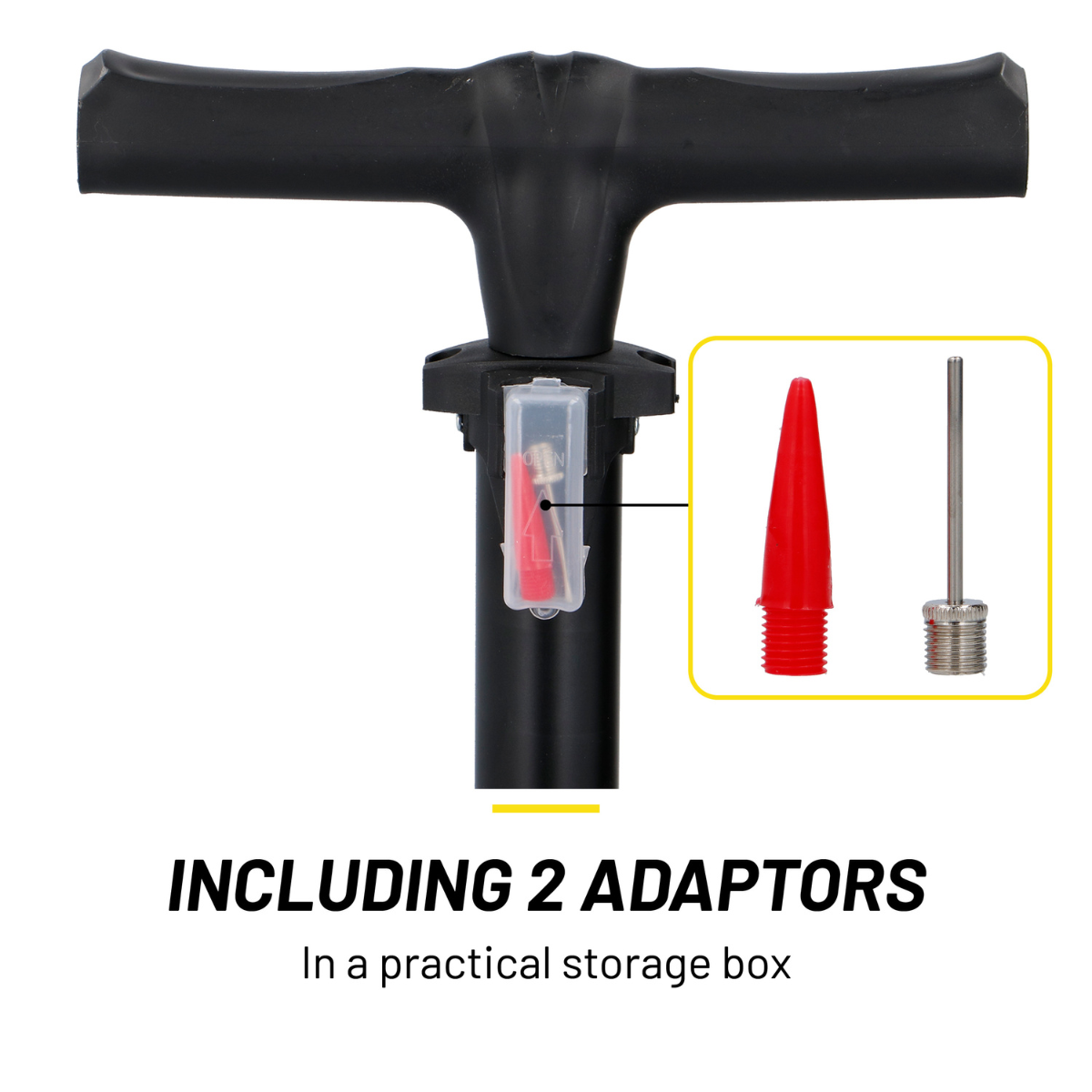 Black pump with handle, two adaptors (red and silver) in a box. Text reads: INCLUDING 2 ADAPTORS In a practical storage box.