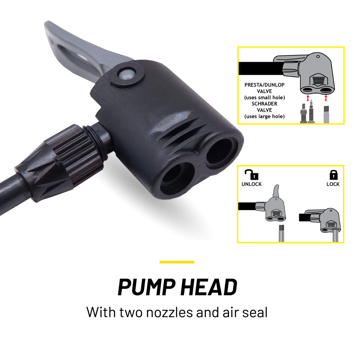 Black pump head with two nozzles and gray lever. Includes diagrams for valve types and locking mechanism.