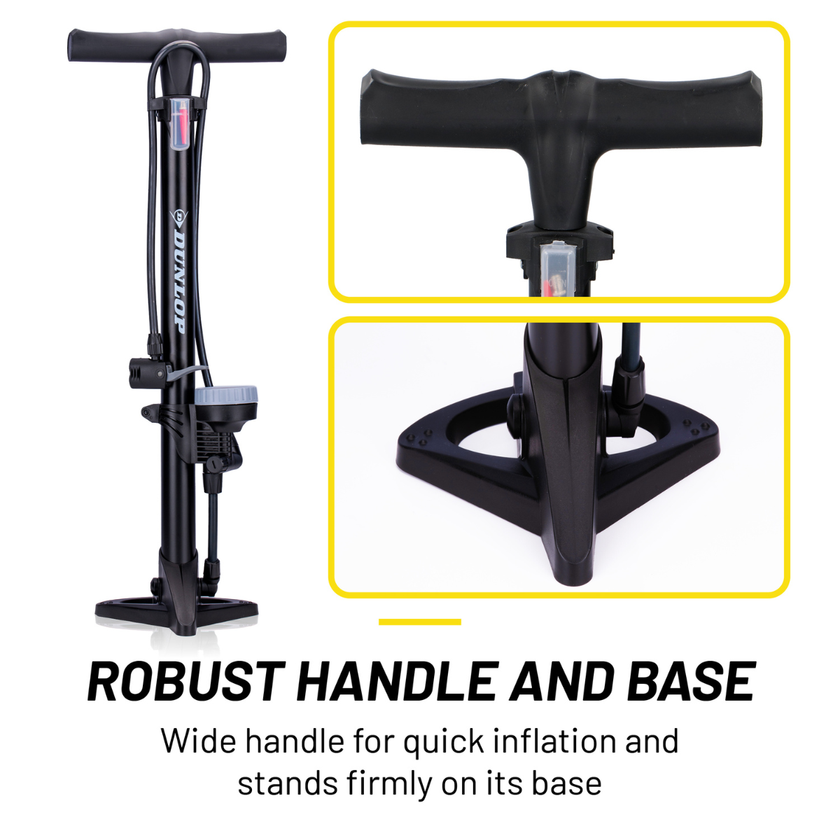 A black Dunlop bicycle pump with a robust handle and base. The handle is wide, and the pump has a gauge. The base is stable.