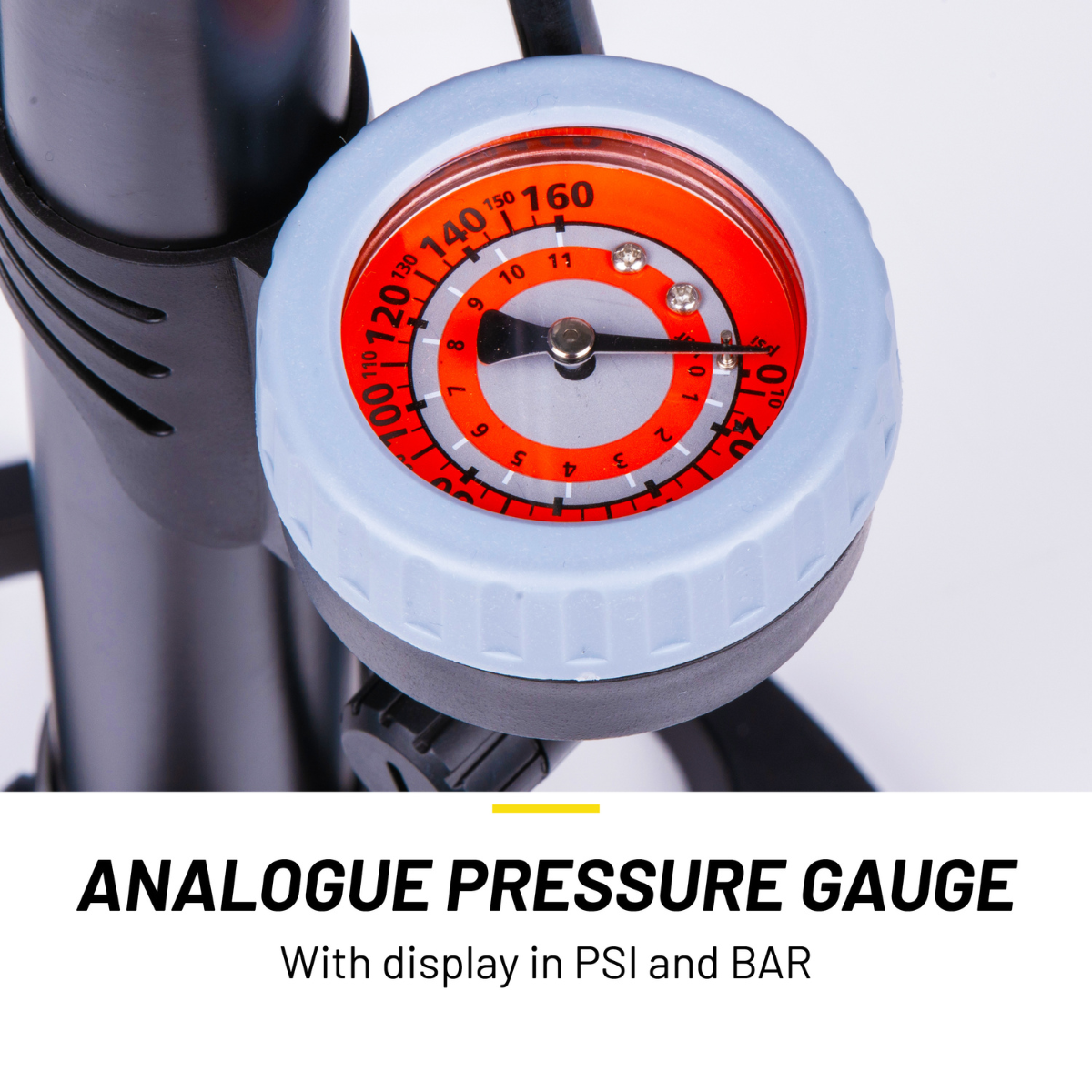 Close-up of an analogue pressure gauge, with a red and white dial, and a black needle. The gauge has a light blue rim.