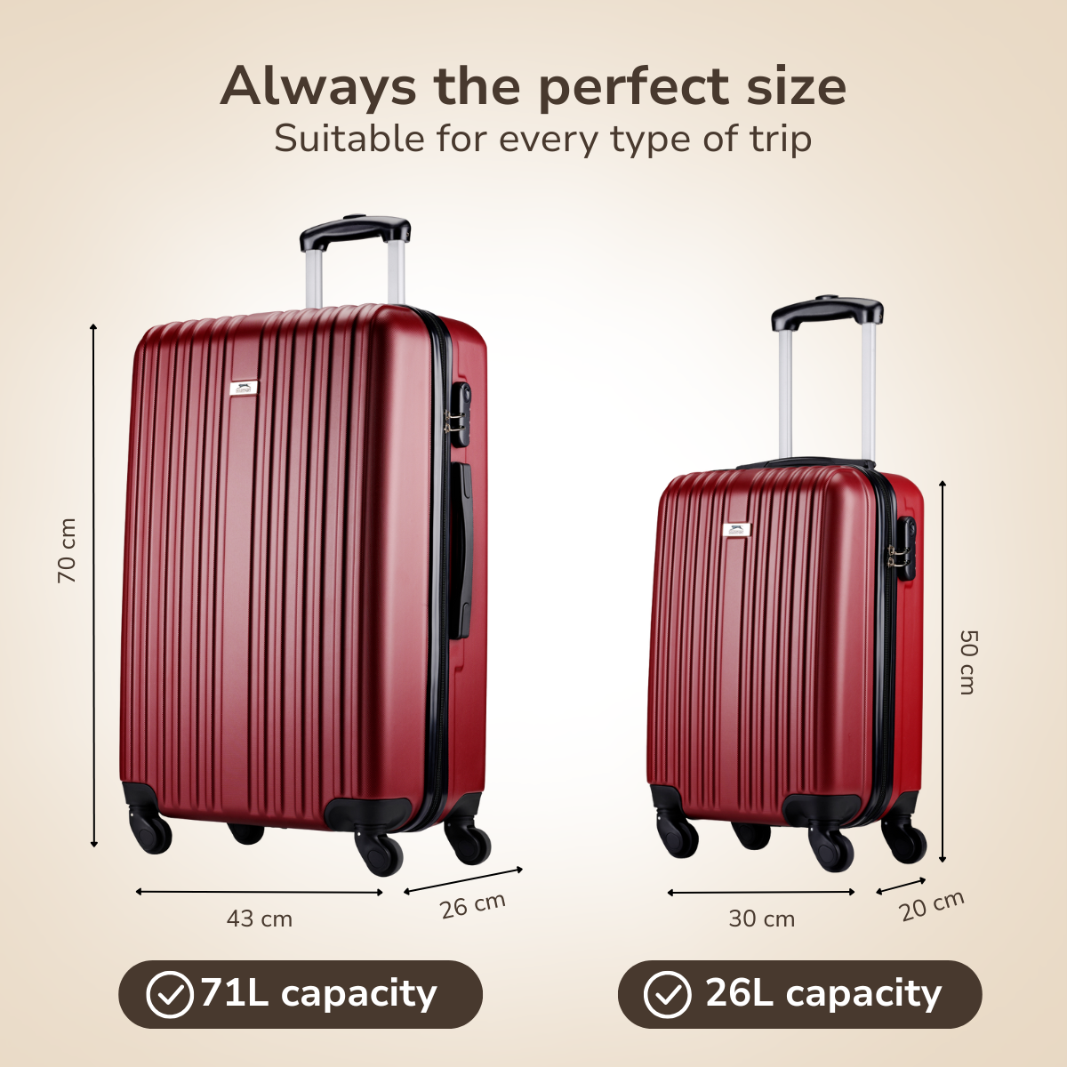 Two red suitcases with dimensions and capacities displayed. One is larger, 71L, the other is smaller, 26L. Text: Always the perfect size.