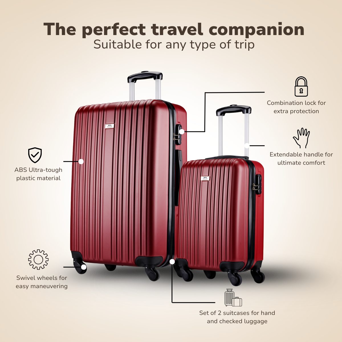 Two red suitcases with extendable handles. Features include combination locks, swivel wheels, and ABS plastic material.