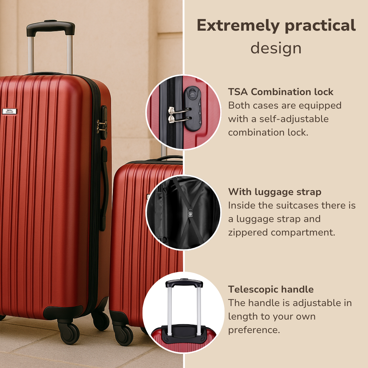 Two red suitcases with black handles, wheels, and locks. Features include luggage strap and telescopic handle for convenience.