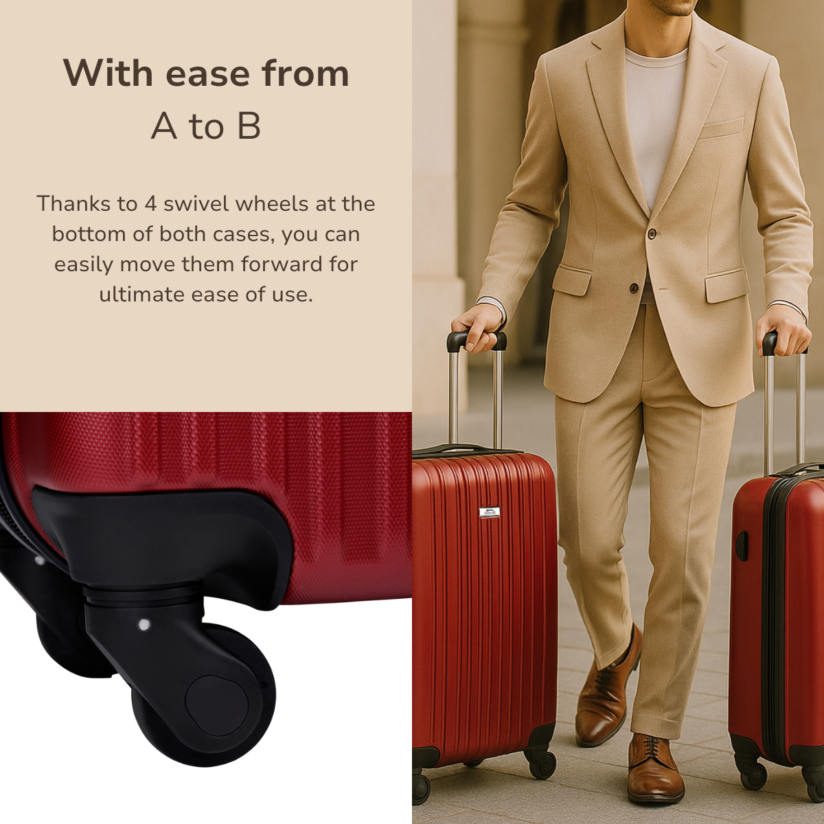 A man in a suit walks with two red suitcases. The image highlights the swivel wheels for ease of use.