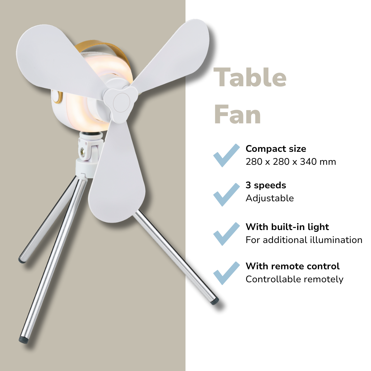 Un ventilateur de table blanc à trois pales et lumière intégrée, monté sur un trépied argenté. Le texte décrit la taille, les vitesses, la lumière et la télécommande.