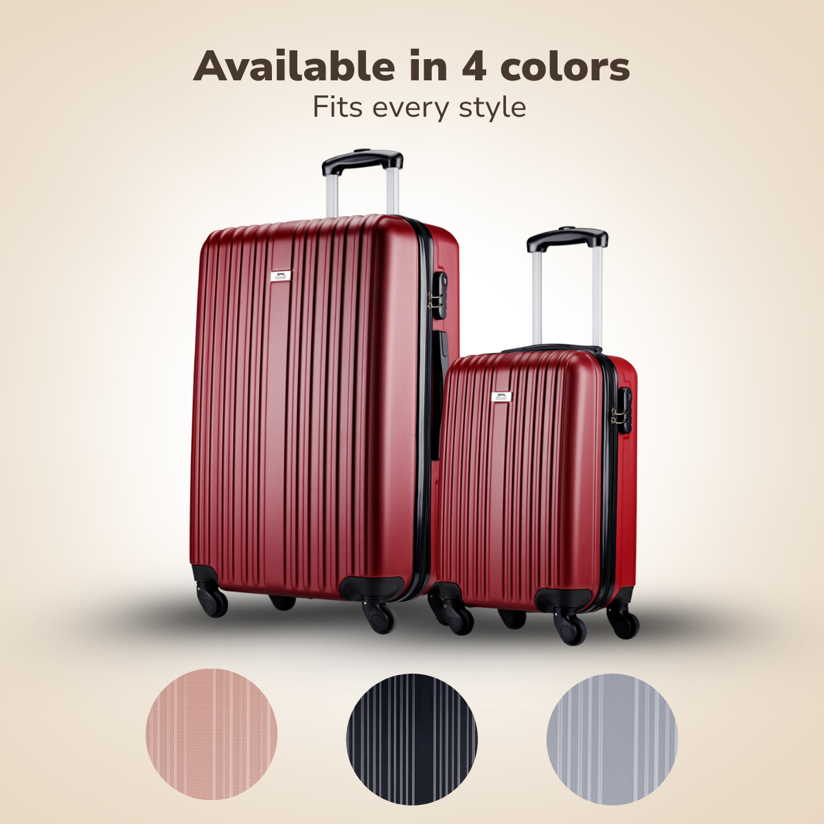 Two red suitcases with handles and wheels, plus three color swatches below. Text says 'Available in 4 colors'.