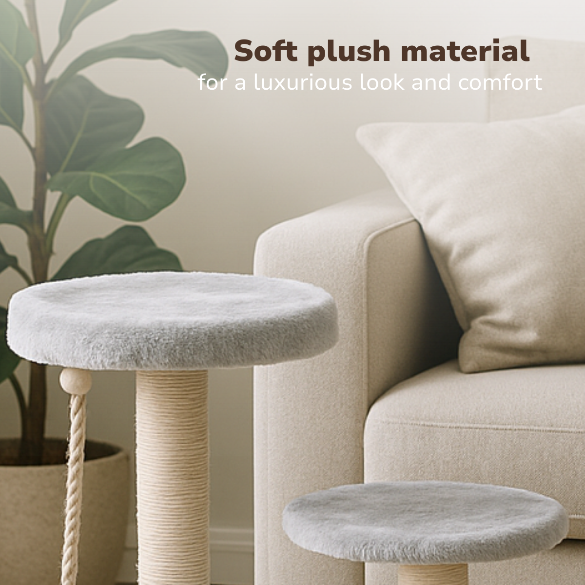 Twee krabpalen met grijze pluche platforms en beige palen, naast een beige bank en een potplant met grote groene bladeren.