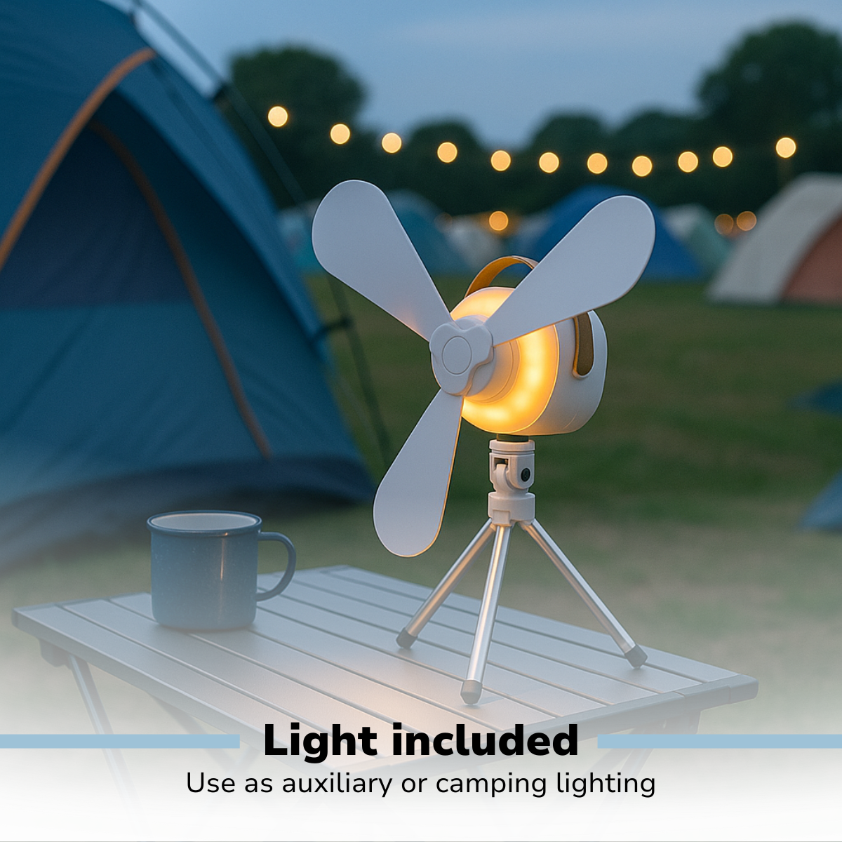Une scène de camping présente une lampe ventilateur sur une table, une tasse bleue et des tentes en arrière-plan. Le ventilateur a des pales blanches et une lumière jaune.
