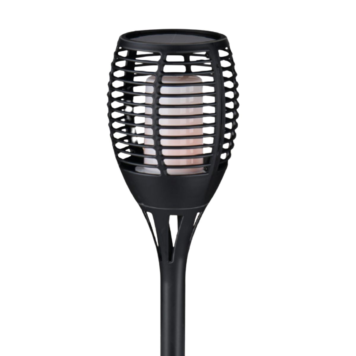 A black solar torch lamp with a flame-like light inside. It has a cage-like design and a long pole.