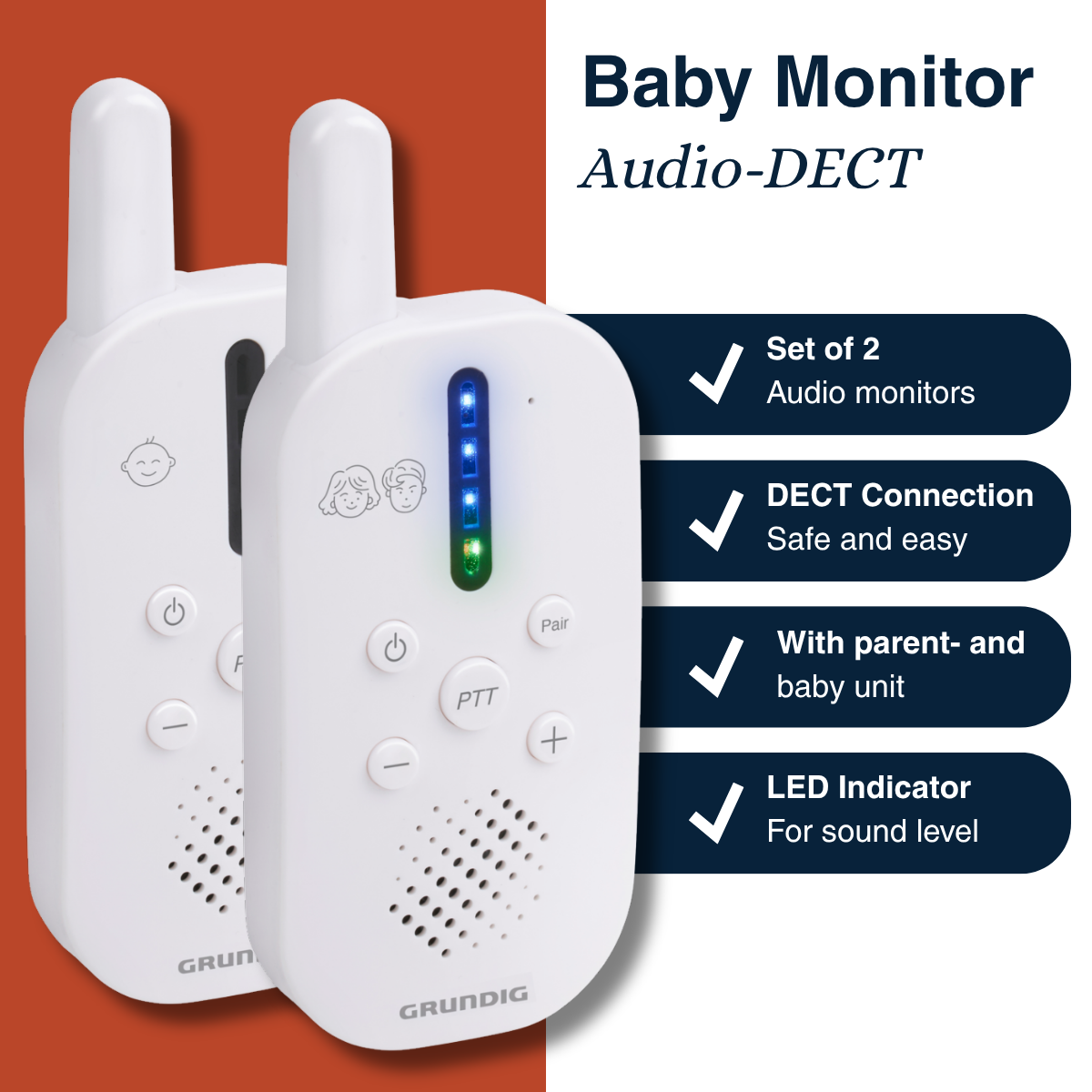 Two white baby monitors with buttons and a LED indicator, labeled Baby Monitor Audio-DECT, set of 2, DECT connection, parent and baby unit.