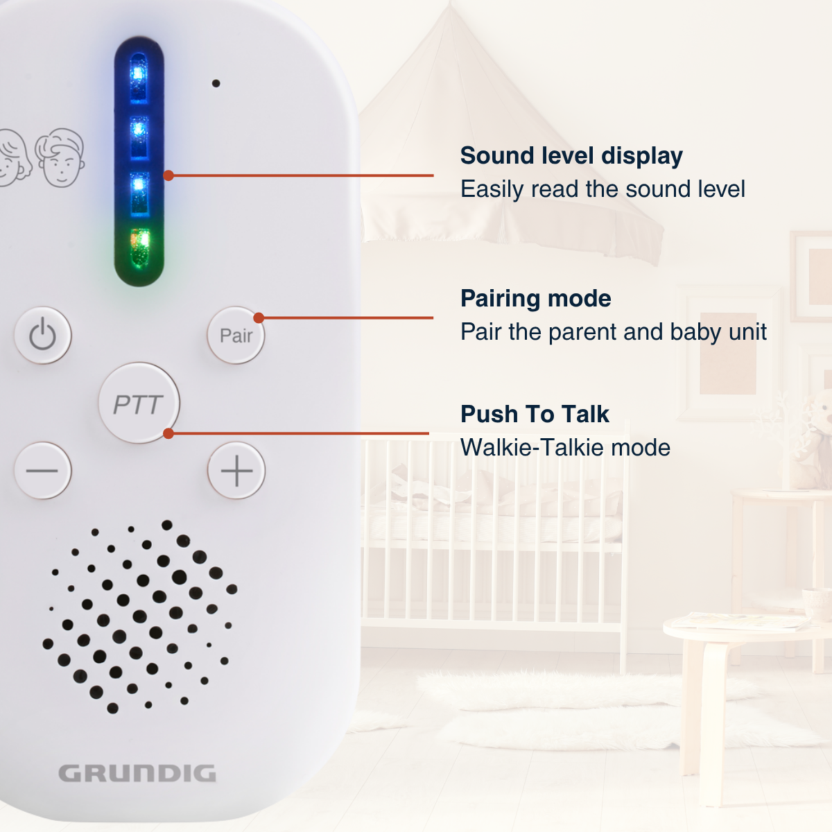 White baby monitor with buttons, sound level display, and speaker. Labels: Pair, PTT, and plus/minus. Background: crib and small table.